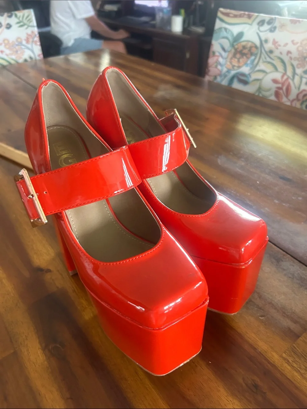 EGO Red Patent Platform Mary Jane Heels with Gold Buckle uk size 5